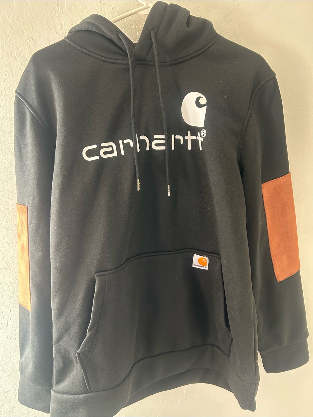 Carhartt Black Crewneck Hoodie with Brown Elbow Patches